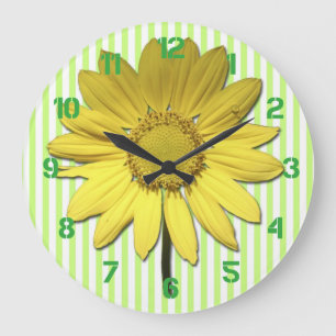 Grande Horloge Ronde Green Stripes Yellow Daisy Wall Clock
