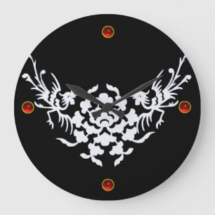 Grande Horloge Ronde GRIFFINES BLANCHES ET FLEURS, Pierre rouge Ruby Ge