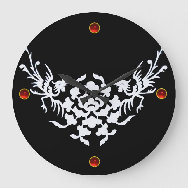 Grande Horloge Ronde GRIFFINES BLANCHES ET FLEURS, Pierre rouge Ruby Ge (Recto)