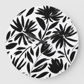 Grande Horloge Ronde Grille noire : vintage motif chrysanthème