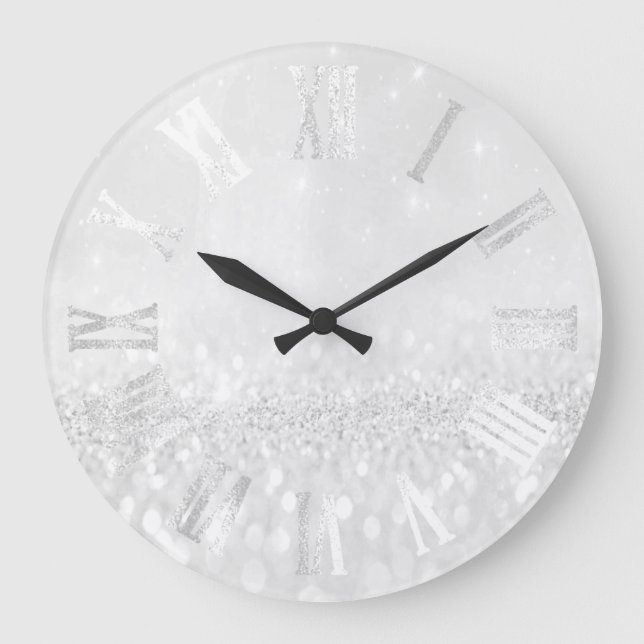 Grande Horloge Ronde Gris Gris Argent Parties scintillant Métal Numéros (Recto)