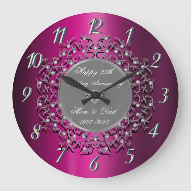 Grande Horloge Ronde Gris perlées violet métal 25 Mariage (Recto)
