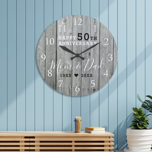 Grande Horloge Ronde Gris rustique Bois  50ème anniversaire de mariage  (Rustic Gray Wood 50th Gold Wedding Anniversary Large Clock)