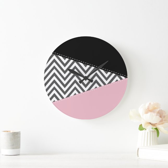 Grande Horloge Ronde Gris Zigzag, Gris Chevron, Motif Zigzag, Rose (Maison)