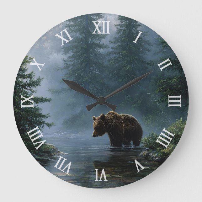 Grande Horloge Ronde Grizzly Bear Misty Forest (Recto)