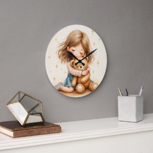 Grande Horloge Ronde Gros câlins - Jolie fille serrant l'ours en peluch