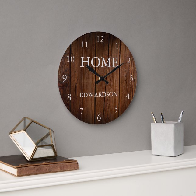 Grande Horloge Ronde Grotte rustique bois maison script nom de famille (Bureau)