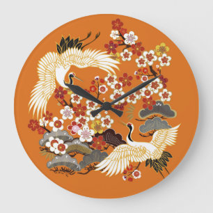 Grande Horloge Ronde Grues florales colorées Sakura Motif