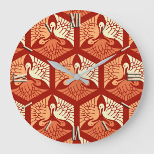 Grande Horloge Ronde Grues japonaises, mandarin et orange clair