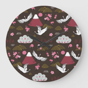 Grande Horloge Ronde Grues japonaises : Motif traditionnel sans couture