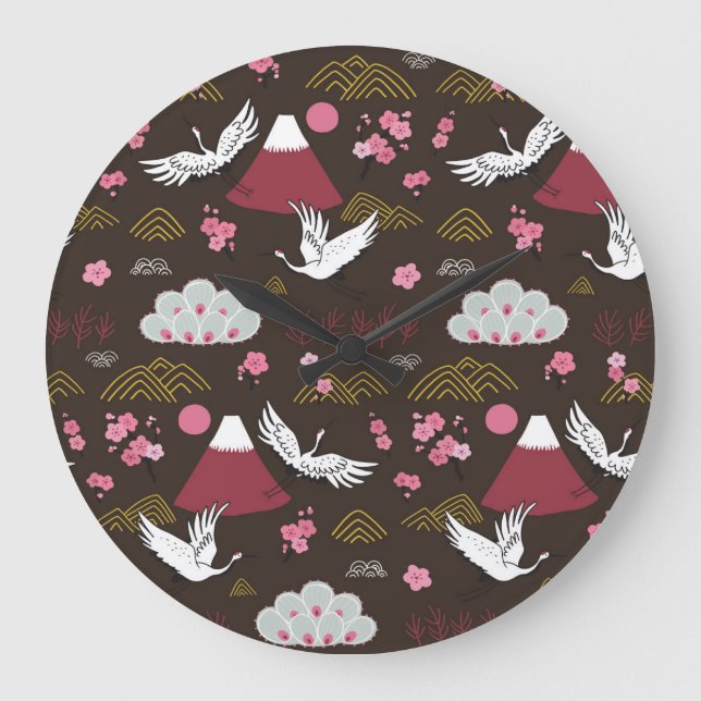 Grande Horloge Ronde Grues japonaises : Motif traditionnel sans couture (Recto)