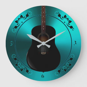 Grande Horloge Ronde Guitare acoustique noire sur l'horloge turquoise