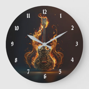 Grande Horloge Ronde Guitare électrique en feu           