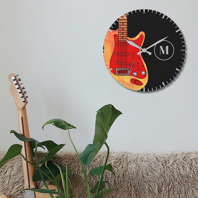 Grande Horloge Ronde Guitare électrique personnalisée (Electric guitar monogram black wall clock)