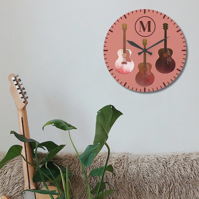 Grande Horloge Ronde guitares acoustiques personnalisées Rustic (Rustic acoustic guitar monogram initial brown wall clock country music style illustration )