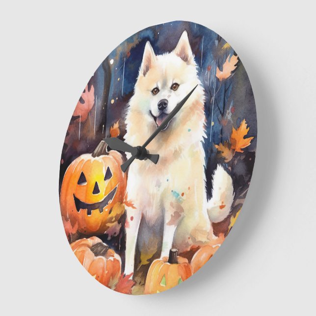 Grande Horloge Ronde Halloween Akita Américain Avec La Peur Citrouille (Angle)