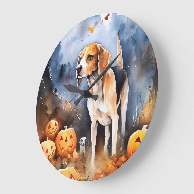 Grande Horloge Ronde Halloween Anglais Foxhound Avec Citrouille (Angle)
