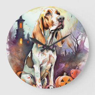 Grande Horloge Ronde Halloween Basset Hound Avec Crainte Citrouille