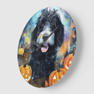 Grande Horloge Ronde Halloween Bernedoodle Avec La Peur Citrouille