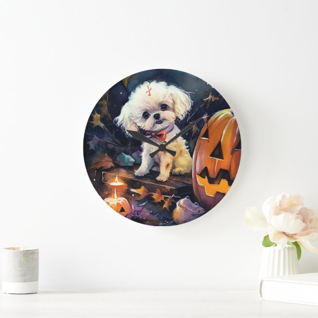 Grande Horloge Ronde Halloween Bichon Frise Avec La Peur Citrouille (Maison)
