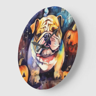 Grande Horloge Ronde Halloween Bulldog avec la peur Citrouille