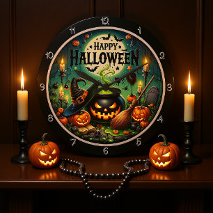 Grande Horloge Ronde Halloween Cauldron Vert