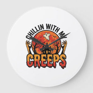 Grande Horloge Ronde Halloween Chillin avec mes Creeps Vintage T-Shirt