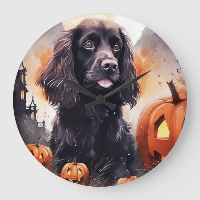 Grande Horloge Ronde Halloween Cocker Spaniel Avec Citrouilles (Recto)