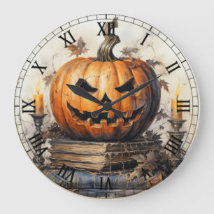 Grande Horloge Ronde Halloween Déplaisant Éffrayant Orange Citrouille