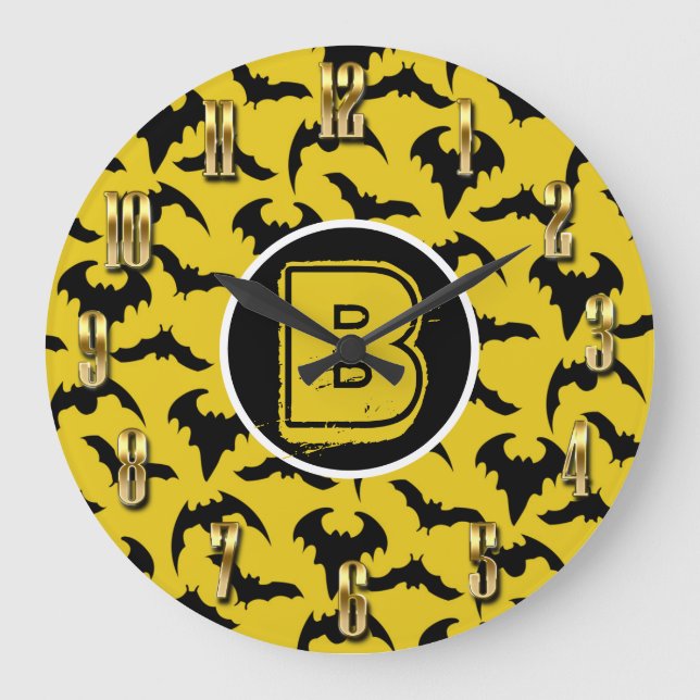 Grande Horloge Ronde Halloween des chauves-souris jaunes et noires (Recto)