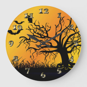 Grande Horloge Ronde Halloween Design avec chauves-souris, arbre et Cit