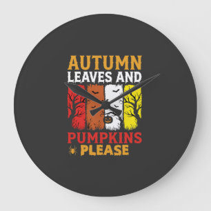 Grande Horloge Ronde Halloween Feuilles d'Automne et Citrouilles Design