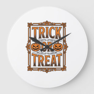 Grande Horloge Ronde Halloween Friandise Citrouille Crânes Gravure Vint