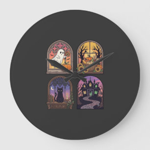 Grande Horloge Ronde Halloween Gothique Fenêtre Fantôme Citrouille Chat