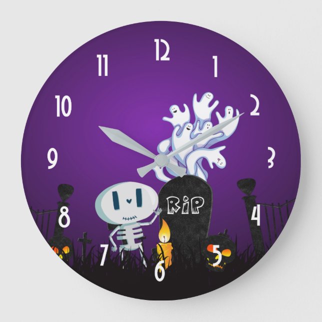 Grande Horloge Ronde Halloween Graveyard mignonne squelette et fantômes (Recto)