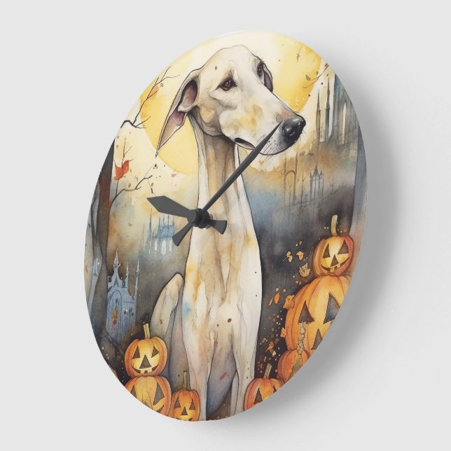 Grande Horloge Ronde Halloween Greyhound Avec La Peur Citrouille (Angle)