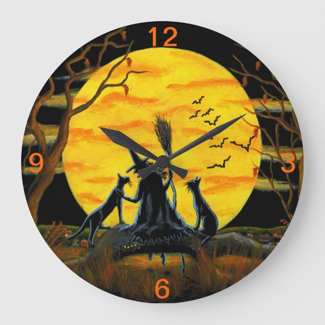 Grande Horloge Ronde Halloween, horloge, sorcière, chauves-souris, (Recto)