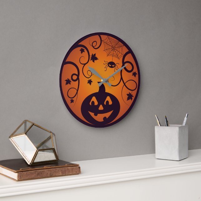 Grande Horloge Ronde Halloween Jack-o'-lantern citrouille visage et ara (Bureau)