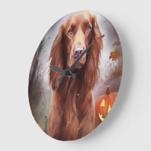 Grande Horloge Ronde Halloween Rouge irlandais Setter avec la peur Citr