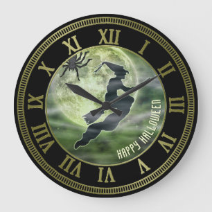 Grande Horloge Ronde Halloween Sorcière volante Silhouette Pleine lune