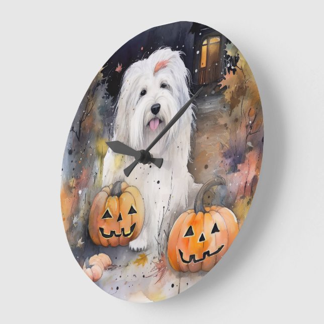 Grande Horloge Ronde Halloween vieux chien anglais avec la peur Citroui (Angle)