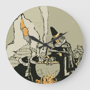 Grande Horloge Ronde Halloween vintage, sorcière avec chaudron et chats