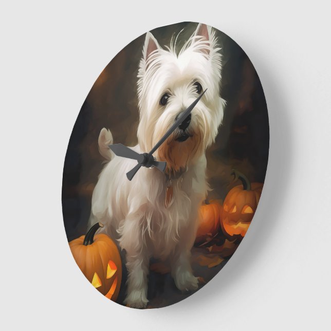 Grande Horloge Ronde Halloween West Highland White Terrier Citrouilles (Angle)