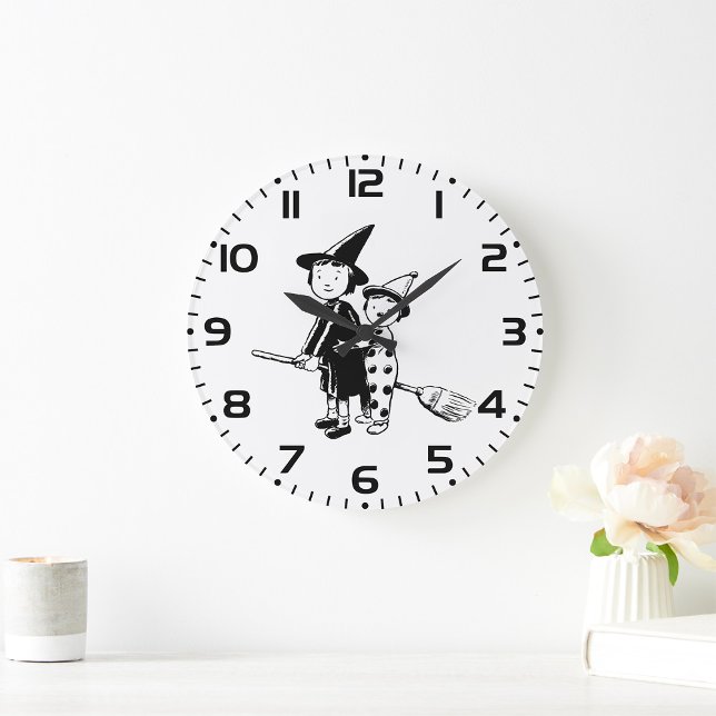 Grande Horloge Ronde Halloween Witch and Clown Riding Broomstick (Créateur téléchargé)