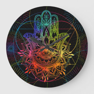 Grande Horloge Ronde Hamsa orné : motif néon dessiné à la main.