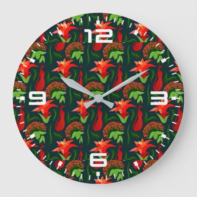Grande Horloge Ronde Hand Painted Exotic Red Flowers Pattern-15541 (Recto)