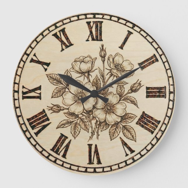 Grande Horloge Ronde Handcrafted Floral Wood Wall Clock (Recto)