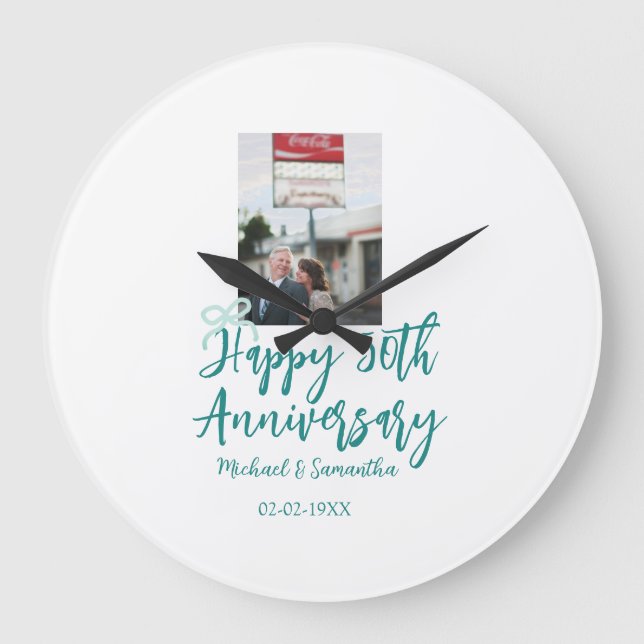 Grande Horloge Ronde Happy 50th anniversary photo turquoise bow name da (Recto)