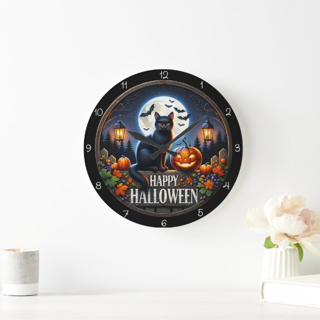 Grande Horloge Ronde Happy Halloween Cat Pumpkin Full Moon (Maison)