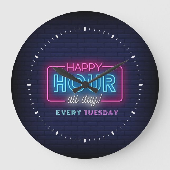 Grande Horloge Ronde Happy Hour All Day Neon Sign Custom Text (Recto)